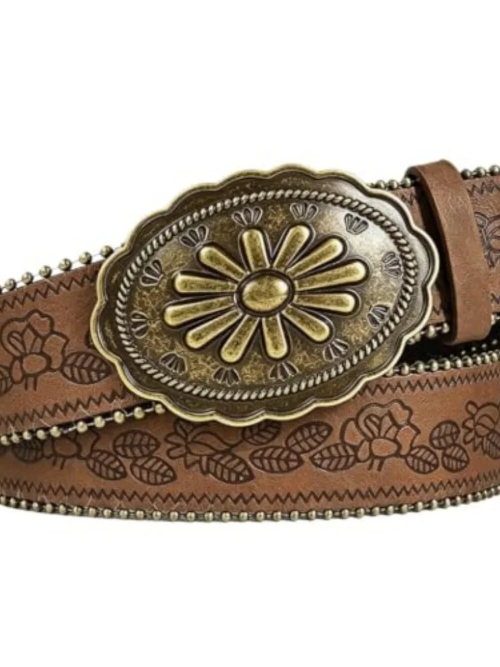 Women Western Belt with Heart Embossed Buckle Vintage Brown Belt for Jeans Pant